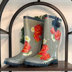 Navy Chevron Floral Rain Boots with Red Rose Accents